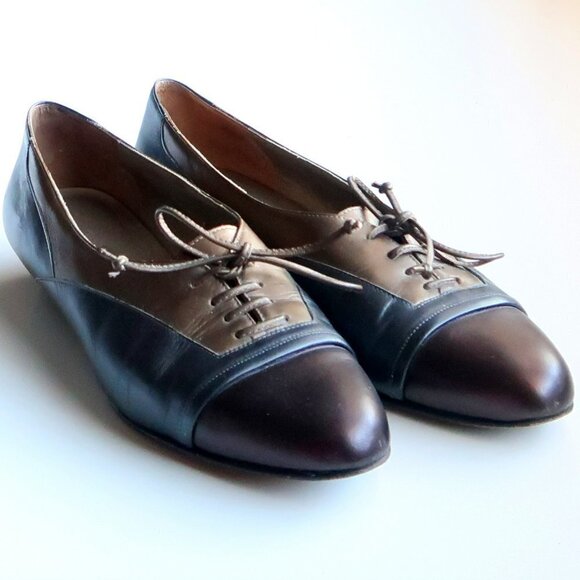 Amalfi Bronze & Grey Leather Cap Toe Low Wedge Heel Lace-up Shoes Size 7 - Picture 3 of 16